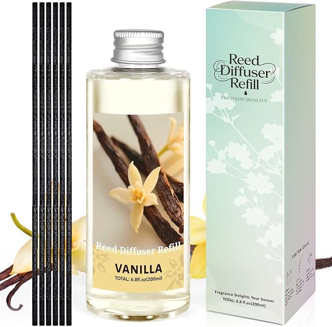 STRN Vanilla Essential Oil Reed Diffuser Refill 200ml Long-Lasting Aromatherapy, Natural Fragrance Liquid with Eco-Friendly Bottle for Home, Bedroom, Spa - Bloomnest