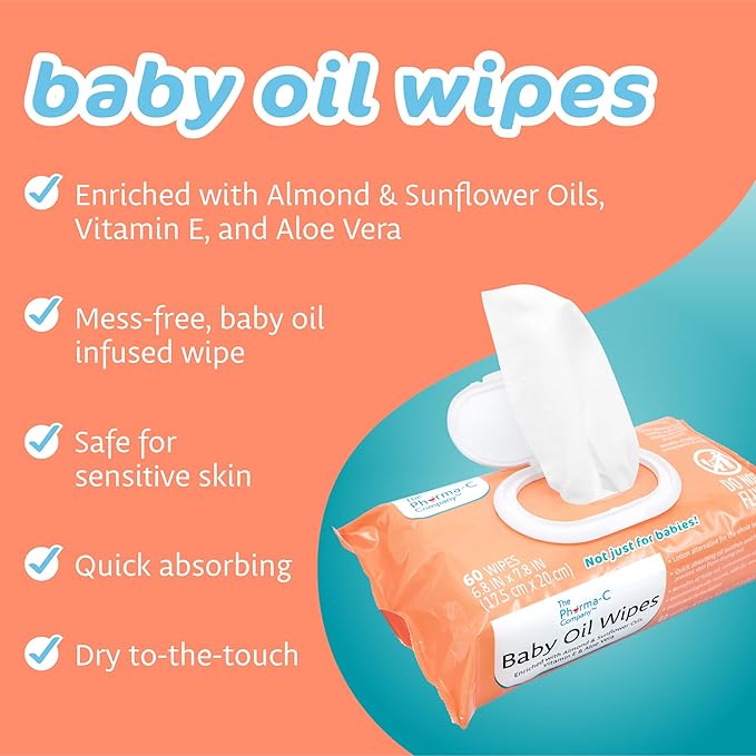 The Pharma-C Company Baby Oil Wipes. (60 Wipes) Enriched with Almond and Sunflower Oils, Aloe and Vitamin E. - Bloomnest