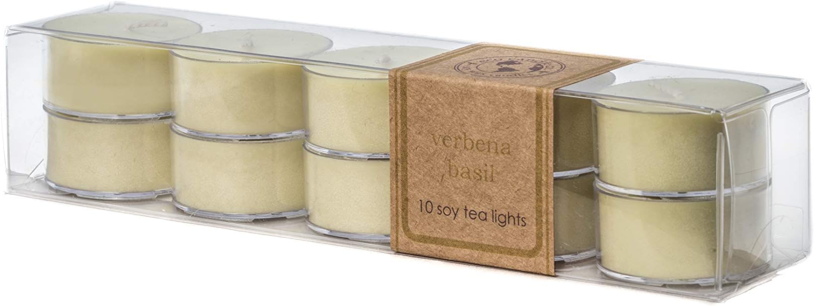 ECO CANDLE CO. Tea Light Candles, Verbena Basil, 10-Pack - Scents of Lemons, Verbena, Basil, & Cedar - Recyclable, 100% Soy Wax, No Lead, Hand Poured, Made from Midwest Grown Soybeans, .6 oz. Each - Bloomnest