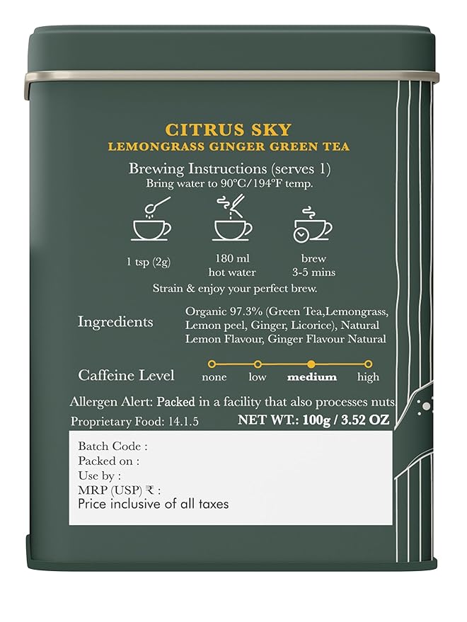 Luxmi Estates Citrus Sky Green Tea 100gm Tin | Certified Organic Darjeeling Green Tea - Bloomnest