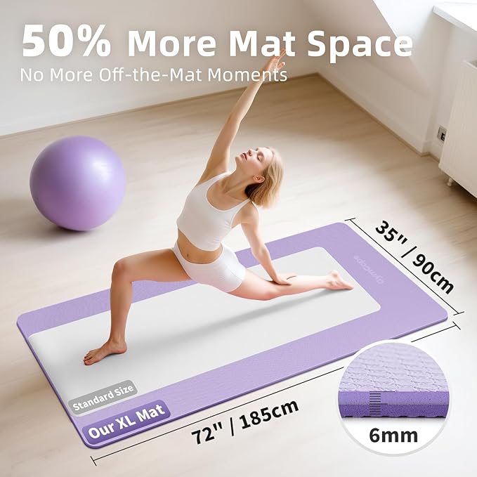Extra Large TPE Yoga Mat 72"x35" / 78"x57" - Wide Non-Slip Mat for Yoga, Pilates & Home Gym, 6mm Thick Cushion for Comfort & Balance, Waterproof, Easy to Carry with Strap or Bag for Solo or Partner Workouts