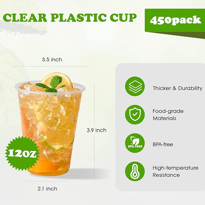 Lilymicky 450 Pack 12 oz Clear Plastic Cups, Cold Disposable Plastic Drinking Cups for Parties, Picnic, BBQ, Travel, and Events - Bloomnest
