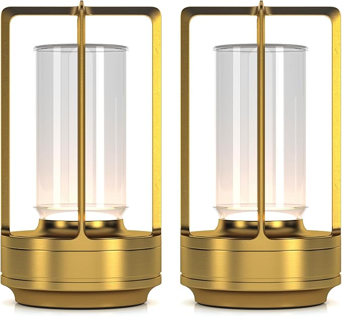 Portable Metal Table Lamp for Indoor/Outdoor ,Rechargeable Cordless LED Lamp, 3-Colour Infinitely Dimming Battery Powered Small Desk Lamp, Restaurant/Bedroom/Bar/Coffee/Camping Light (Gold Set of 2) - Bloomnest