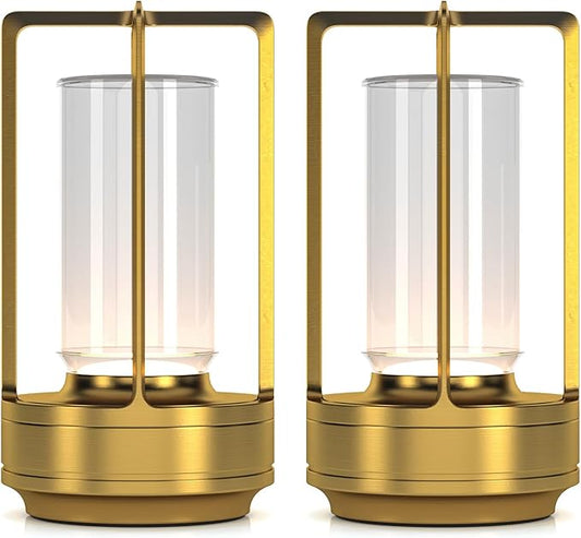 Portable Metal Table Lamp for Indoor/Outdoor ,Rechargeable Cordless LED Lamp, 3-Colour Infinitely Dimming Battery Powered Small Desk Lamp, Restaurant/Bedroom/Bar/Coffee/Camping Light (Gold Set of 2) - Bloomnest