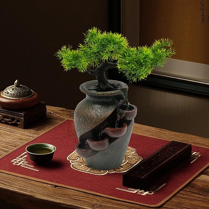 8.7inch Vase Type Artificial Bonsai Tree Fake Plant Mini Tabletop Waterfall Fountain with Water Flow, Indoor Desktop Decoration for Office Restaurant Coffee Home Decor or Festival Birthday Surprise - Bloomnest