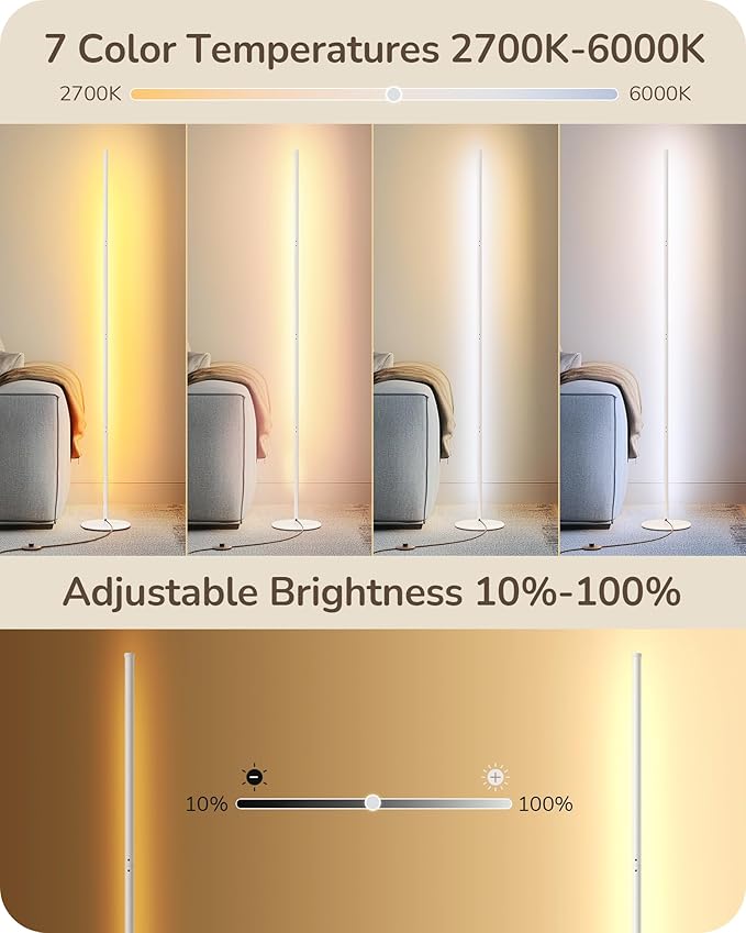 EDISHINE Corner LED Floor Lamp, 57.5" Dimmable Corner Light with Remote, 3 Color Temperature 3000K-4500K-6000K, Minimalist Floor Lamp for Bedroom, Living Room, Office, White - Bloomnest