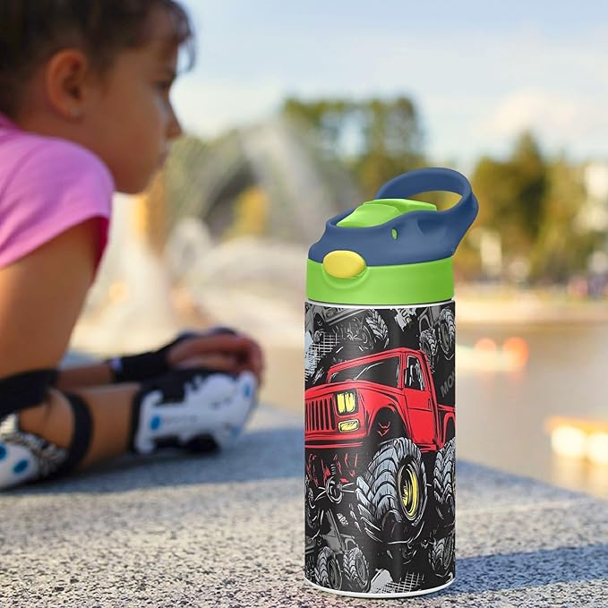 Monster Truck Red Kids Water Bottle with Straw Lid Insulated Tumbler with Handle Stainless Steel Reusable Toddlers Cup for Kids Boys 12 oz - Bloomnest