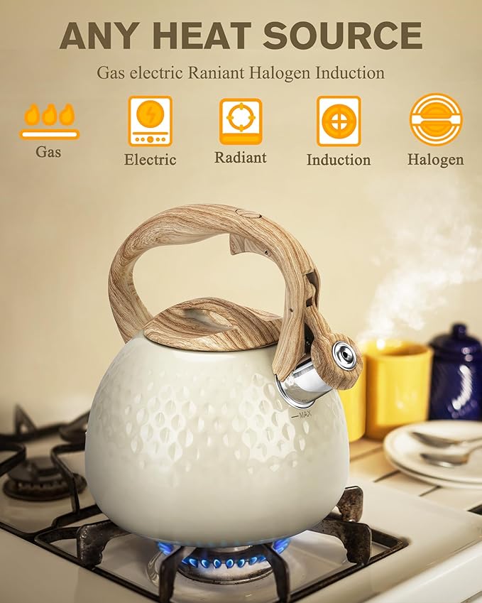 Tea Kettle Stovetop Teapot, 2.5 Quart Loud Whistle Food Grade Stainless Steel and Smooth Wood Pattern Handle, Sophisticated Look for Hiking, Picnic, for Tea, Coffee Milky White - Bloomnest