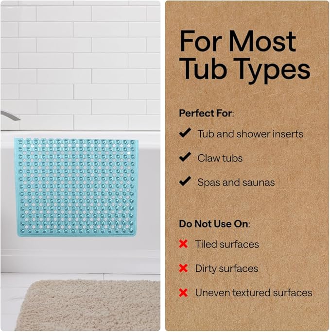 GORILLA GRIP Patented Bath Tub Shower Mat, Machine Washable Bathtub Floor Liner Mats, Suction Cups and Drain Holes to Keep Tubs Clean, Soft on Feet, Bathroom Essentials, 35x16 Inch, Clear Turquoise - Bloomnest
