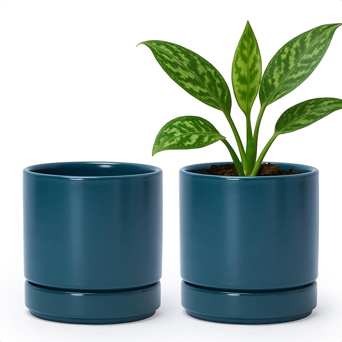 D'vine Dev Set of 2 Plants Pots, 4.7 Inch Ceramic Planter Pot for Plants with Drainage Hole and Saucer, Teal, 94-V-B-9 - Bloomnest
