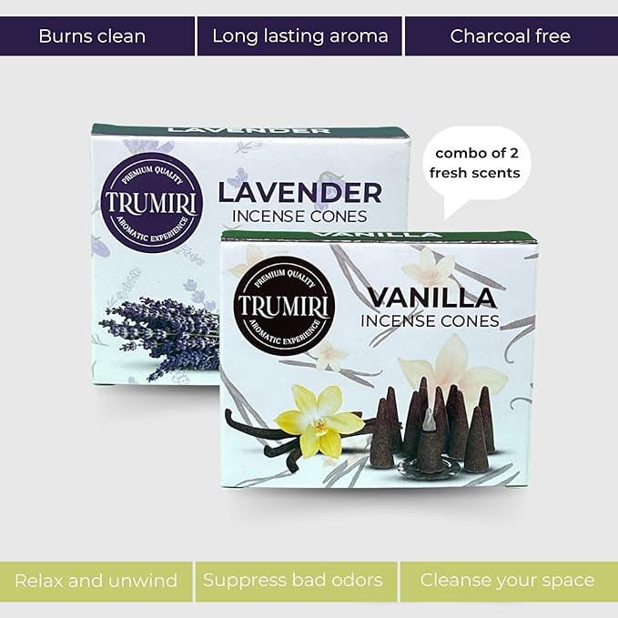 TRUMIRI Incense Cones - Combo Pack of 20 Cone Incense - 10 Vanilla + 10 Lavender TRUMIRI