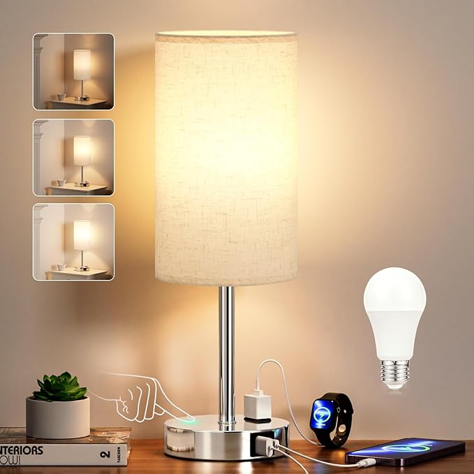 17.4Inch Bedside Touch Table Lamps for Bedroom Nightstand with USB-C USB-A Charging Ports White - 3 Way Dimmable Control Small Lamp Fabric Shade Silver Base for Office, Dorm Room, Living Room, Reading - Bloomnest