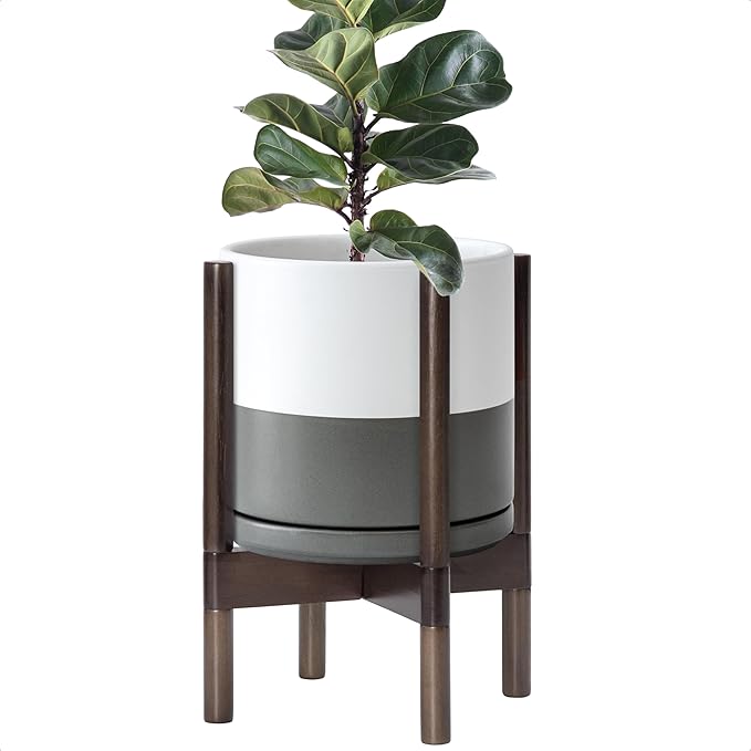 D'vine Dev Ceramic Planter with Walnut Color Stand - 10 Inch Modern Round Flower Pot with Wood Planter Holder, White/Grey, 55-B-X-6 - Bloomnest