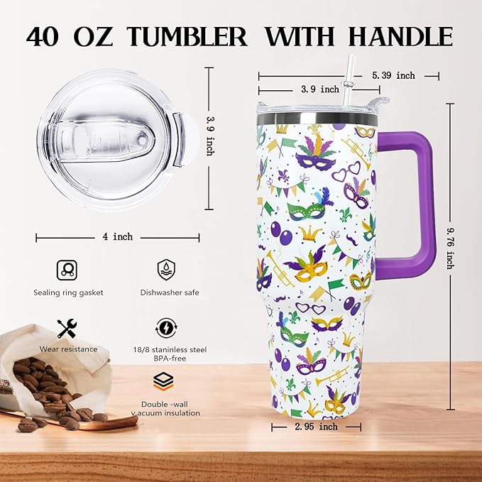 Ceovfoi 40 Oz Mardi Gras Tumbler with Lid and Straw,40 Oz Mardi Gras Coffee Mugs Water Bottles Wine Drinking GlassesTumbler with Straws,Margi Gras Decor,Margi Gras Gifts for Women - Bloomnest