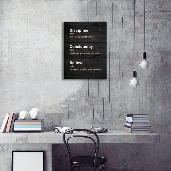 Motivational Wall Art Discipline Consistency Noun Inspirational Poster Inspiring Canvas Painting Artwork for Office Living Room Believe Verb Prints Pictures Modern Home Decor Framed[18''W x 24''H] - Bloomnest
