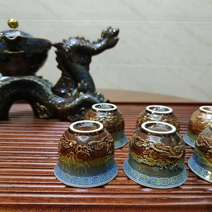 Chinese Gongfu Tea Set Gift Box, Chinese Dragon Shape, Pure Hand Firing, with 360Rotating Teapot and Infuser, Suitable for Office, Home, Gift (Dragon Feast)