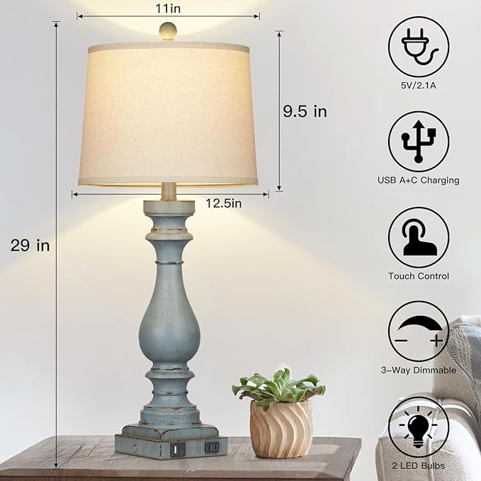 29" Tall Table Lamp for Living Room Set of 2,Coastal Bedside Nightstand Lamps with USB C+A Ports & AC Outlet,3-Way Dimmable Touch Control Retro Blue Desk Lamp for Bedroom,Color 3 - Bloomnest