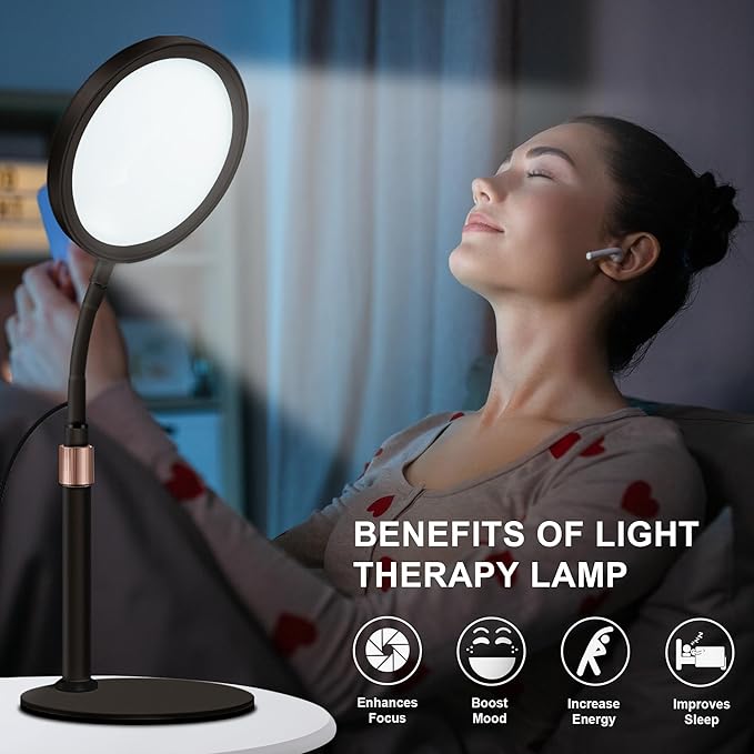 Light Therapy Lamp, UV-Free 10000 Lux Sun Therapy Light with 360° Gooseneck & 9 Brightness Happy Therapy Desk Lamp for Lift Mood (Black) - Bloomnest