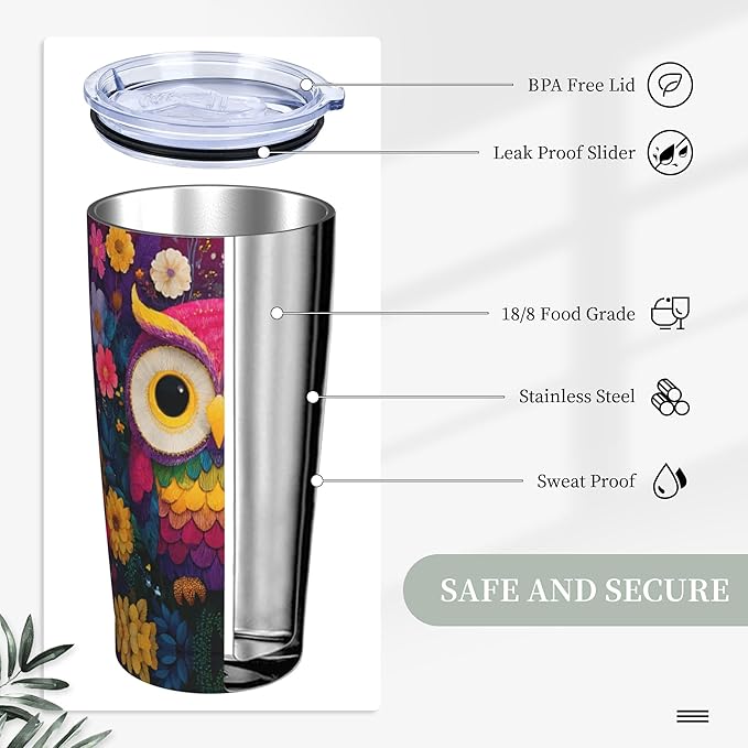 Owl Tumbler with Lid and Straw 20 oz Stainless Steel Cup Insulated Tumbler Coffee Mug for Home Office or Car Christmas Birthday Gifts - Bloomnest