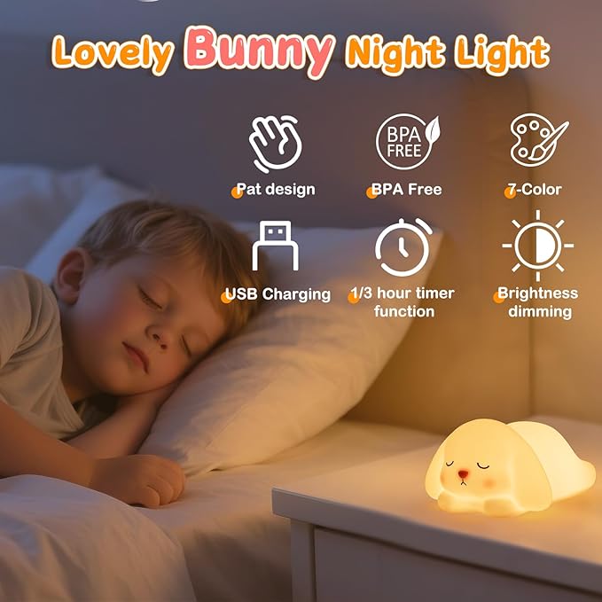 Tremdwoto Bunny Night Light for Kids - 16 Color Changing, Rechargeable Dimmable Nursery Lamp with 1/3 H Timer, Cute Animal Night Light for Baby Boys Girls, Kawaii Room Decor Gift - Bloomnest