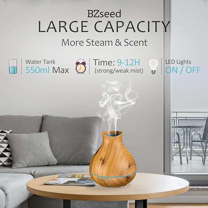 BZseed Aromatherapy Essential Oil Diffuser 550ml 12 Hours Wood Grain Aroma Diffuser with Timer Cool Mist Humidifier for Large Room, Home, Baby Bedroom, Waterless Auto Shut-off,7 Colors Lights Changing - Bloomnest