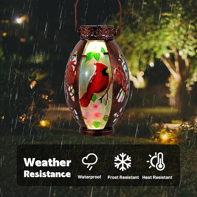Starsoul Cardinal Outdoor Solar Lantern - Metal & Stained Glass Cardinal Solar Light, Waterproof Tabletop Lamp with Hollowed-Out Design for Yard, Patio, Garden, Pathway - Bloomnest