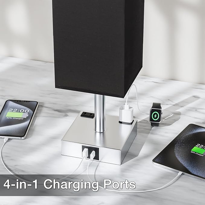Touch Bedside Table Lamp for Nightstand - 3-Way Dimmable Night Lamp with USB A + Type C Charging Ports and Two AC Outlets, Small Desk Light with E26 LED Bulb for Bedroom Living Room Dorm Office,Black - Bloomnest