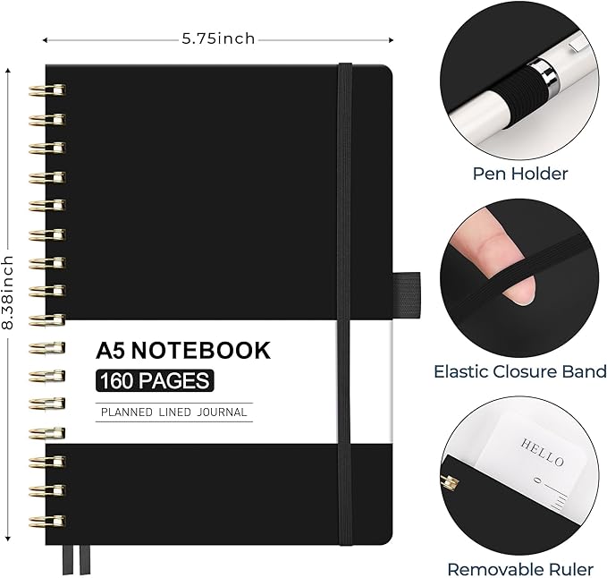 AHGXG Spiral Journal Notebook, 160 Lined Pages, A5 Medium Size (5.7'' x 8.3''), for Men & Women, Journaling, Writing, Work & Office, Hardcover, 100 GSM Thick Paper (Black) - Bloomnest