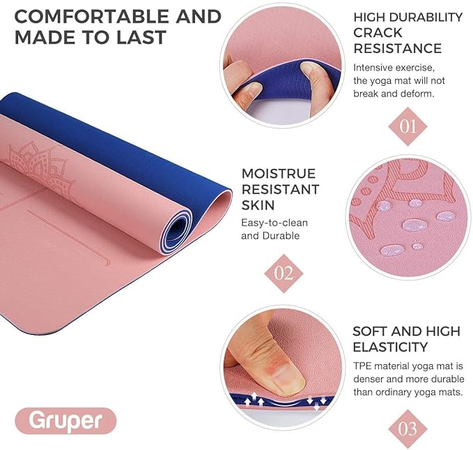 Yoga Mat Non Slip TPE Extra Wide Yoga Mat with Alignment Mark, 72"L x 32"W x 0.32"/0.24"Th (183cm x 80cm x 8mm/6mm), Anti-Tear Exercise Mat with Carrying Strap and Bag, Workout Mats for Yoga, Pilates - Bloomnest