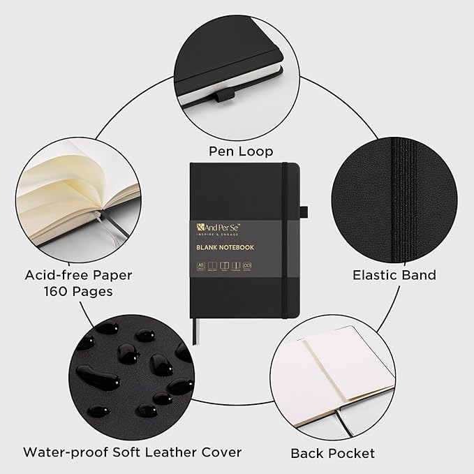 &And Per Se Blank Journal Notebook, 160 Pages, A5 5.7 x 8 inches 100 gsm Thick Paper Notebook Journals for Writing, Hardcover Notebook(1 Pack, black) - Bloomnest