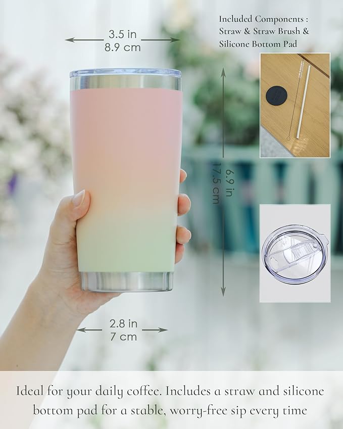 Travel Coffee Tumbler 20oz, 1 Pack Leakproof Travel Coffee Mug with Lid and Straw, Stainless Steel Double Wall Vacuum Insulated Tumbler for Hot/Iced Drinks (Textured Matte, Pink/Mint Green) - Bloomnest
