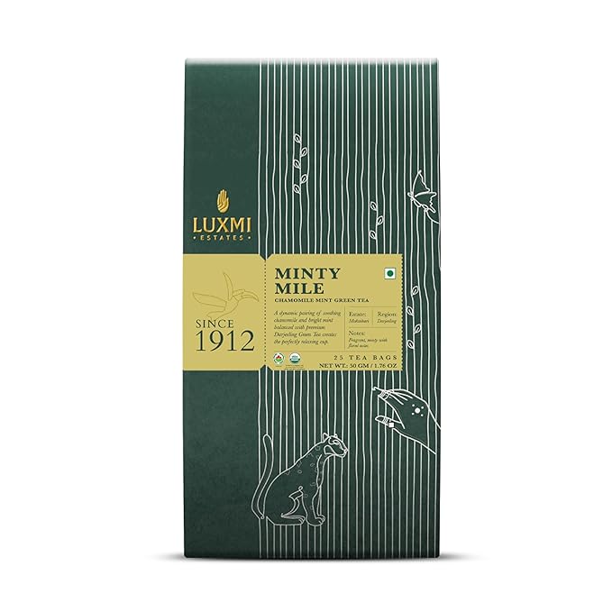 Luxmi Estates Minty Mile Organic Chamomile Mint Green Tea (25 Tea Bags) Low Caffeine Tea Bags For Relaxing, Calming, and Stress Relief, With Certified Organic Darjeeling Makaibari Green Tea - Bloomnest