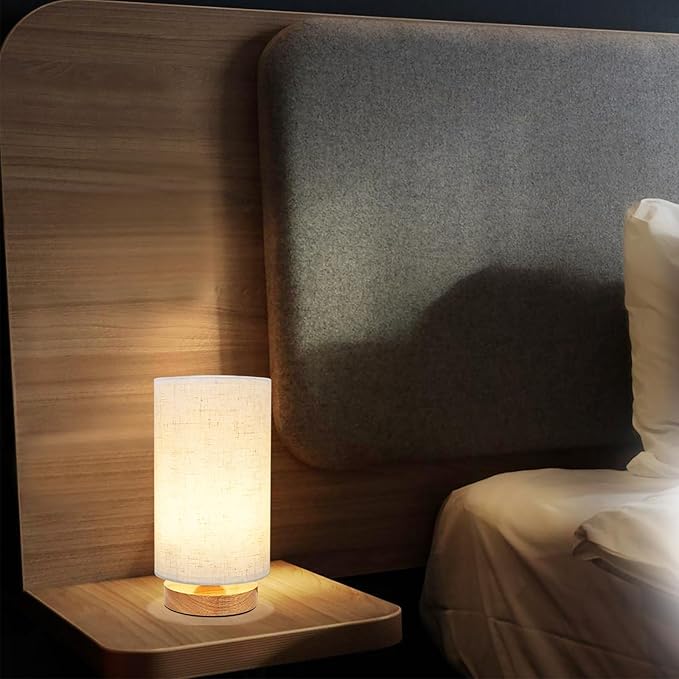 Small Bedside Table Lamp for Bedroom set of 2,Minimalist Wood Base & Round Fabric Shade,Mini Cute Cozy Warm Nightstand Boho Lamp set, Study Desk Night Stand Light for Room, Dorm,Nursery,Living Room - Bloomnest