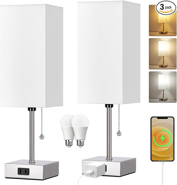 Dott Arts Touch Control Bedside Lamp, 3 Way Dimmable Nightstand Lamp with 2 USB Ports & AC Outlet, Modern Style, White Fabric Shade - Bloomnest