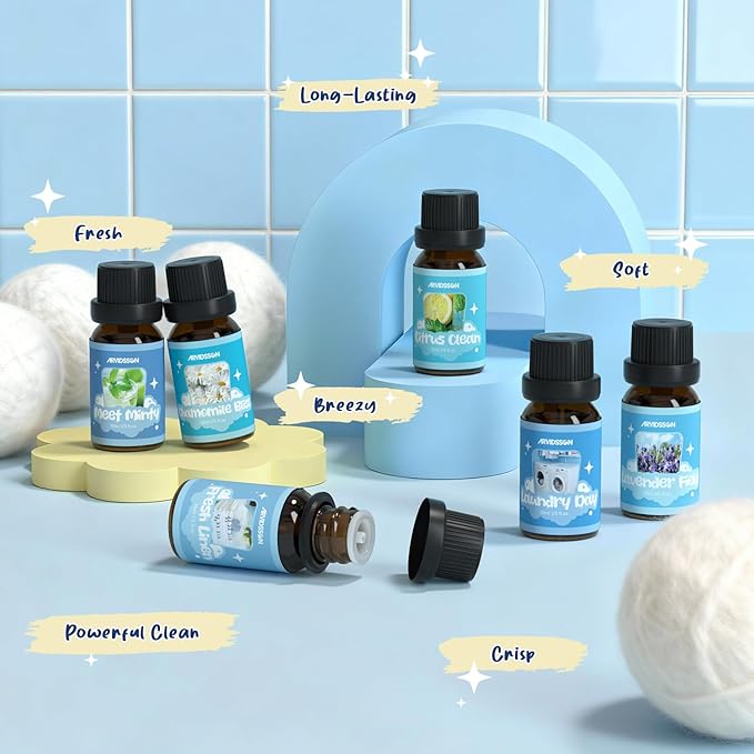 ARVIDSSON Laundry Collection Essential Oil Set, Natural Clean Essential Oils for Diffuser, Use with Wool Dryer Balls - Fresh Linen, Citrus Clean, Laundry Day, Chamomile Bliss, Lavender Field, Minty - Bloomnest