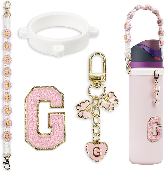 Compatible with Owala Water Bottle Accessories, Cute Letter Charm Set with Boho Handle Strap, Monogram Sticker, Silicone Ring, Keychain Decoration, for FreeSip 24 32 40oz, Owala Kids, Tumbler Gift SITKOL