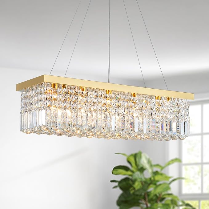 Saint Mossi 5-Lights K9 Crystal Chandelier for Dining Room, Rectangular Pendant Light Fixture for Kitchen Island, Raindrop Chandelier, H9 x W10 x L31, Chain Adjustable - Bloomnest