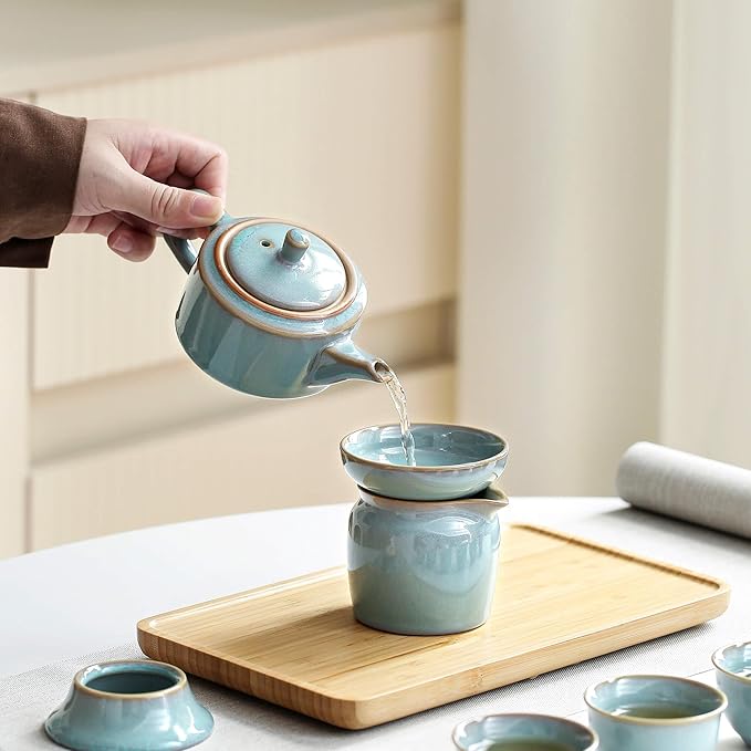 Chinese Tea Set, 10-Piece Ceramic Set with Teapot and Cups, Gongfu Tea Set,Tea Gift Sets,Outdoor and Office (purple and green) - Bloomnest