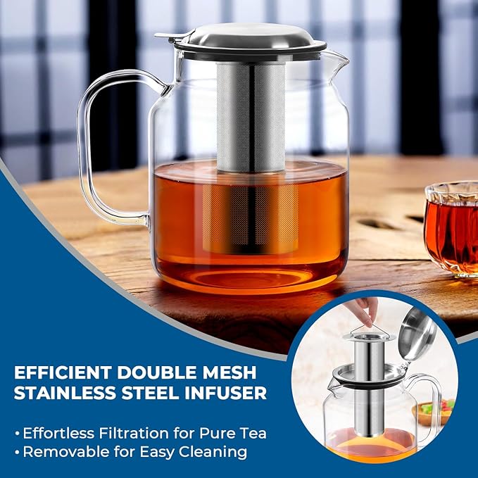 Aquach 85oz Glass Teapot with Stainless Steel Removable Infuser, Stovetop & Dishwasher Safe, Ideal for Brewing Loose Leaf & Blooming Tea - Bloomnest