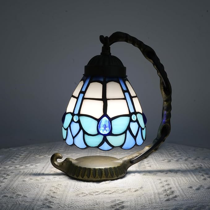 Blue Butterfly Tiffany Lamp Small Stained Glass Accent Night Light Retro Unique Nightstand Light Mini Bedside Table Lamp for Home Decor Bedroom Living Room Boys Girls Christmas Gifts - Bloomnest