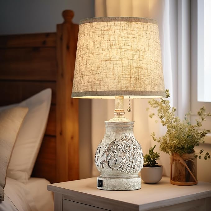 19.5'' Farmhouse Table Lamps for Bedrooms Set of 2 Vintage Bedside Lamps for Nightstand with USB Charging Ports Traditional Rusic Side Table Lamps for Living Room Wooden Carved Floral, Pull Chain - Bloomnest
