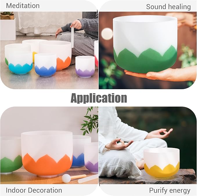 6-12 inch Lotus Design Colored Rim Chakra Tuned 432hz Set of 7 Quartz Crystal Singing Bowls with Heavy Duty Carrying Cases and Singing Bowl Mallet Suede Strikers
