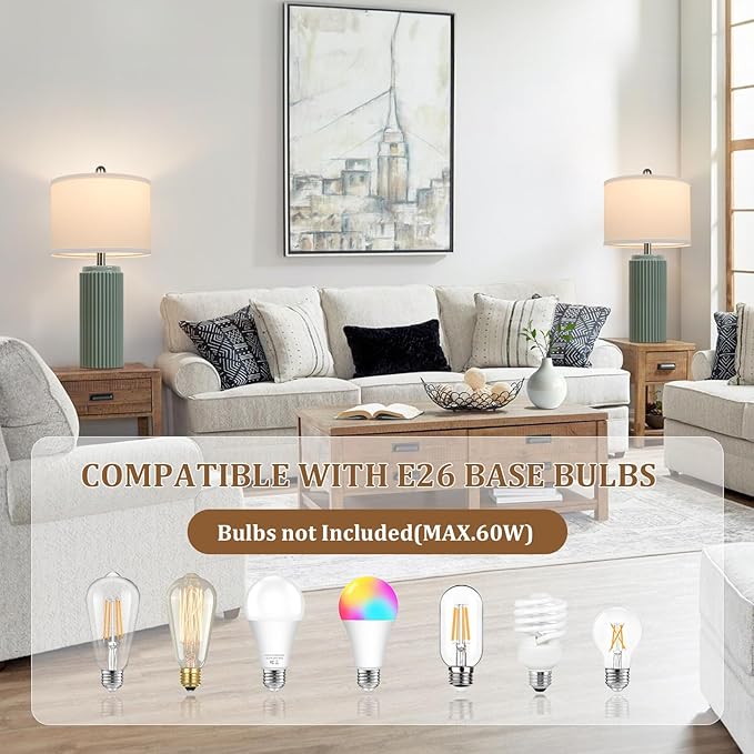 TOBUSA 23.5’’ Modern Green Ceramic Table Lamps Set of 2 for Living Room, Farmhouse Ceramic Bedside Nightstand Lamps for Bedroom, Vintage Decorative Boho Lamps for Home End Table Dorm Office - Bloomnest