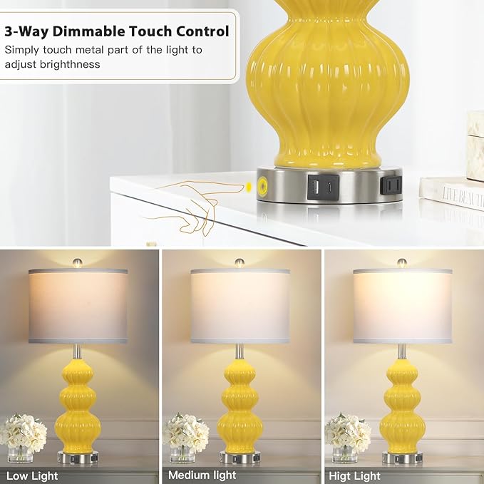 26" Set of 2 Yellow Ceramic Table Lamps with USB A+C Ports & AC Outlet, 3-Way Dimmable Gourd Bedside Nightstand Lamps with White Shade for Bedroom, Living Room, Office - Bloomnest