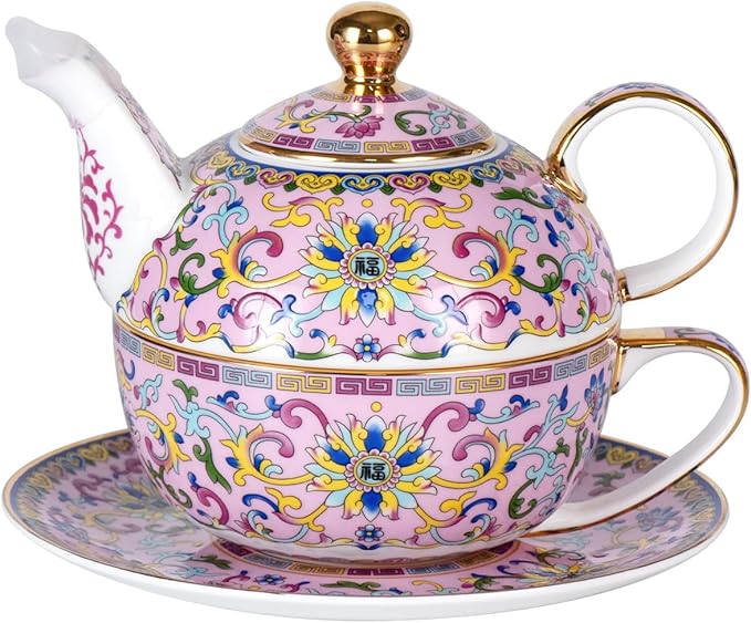 Tea for One, Porcelain Teapot and Cup Set, Vintage Tea Pot and Saucers Set, Ceramic Tea Set for Tea Party, Office and Home, Pink Tea Cups and Saucer Set for Coffee, Cappuccino, Tea - Bloomnest