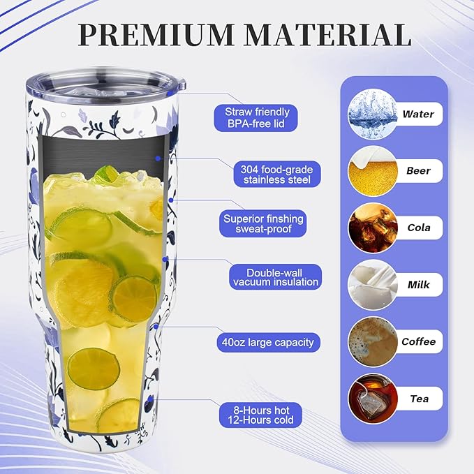 40 oz Tumbler with Lids and Straws Double Wall Insulated Tumbler Cup,Stainless Steel Vacuum Tumbler Powder Coated Travel coffee Mug for Cold and Hot Drinks,Blue and White Porcelain - Bloomnest