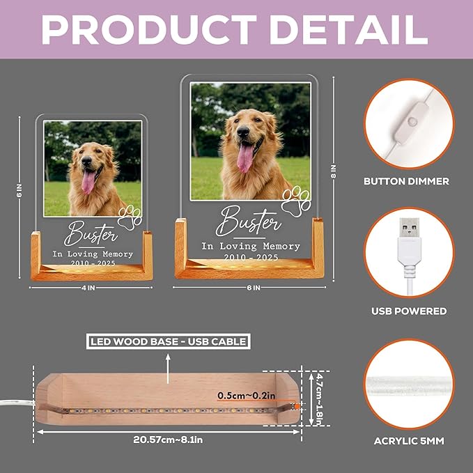 Personalized Pet Memorial LED Night Light, Custom Dog & Cat Photo Plaque, Pet Lover Keepsake, Animal Memorial Frame, Sympathy Gift for Pet Loss, Gifts for Dog and Cat Owners Table Decor - Bloomnest