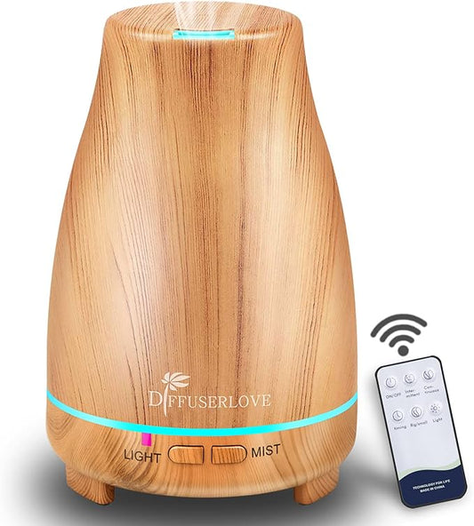 Diffuserlove Essential Oil Diffusers 200ML Diffuser Remote Control Aromatherapy Diffuser with 7 Color Lights, Auto Shut-Off for Bedroom Office Kitchen (Yellow Wood Grain) Diffuserlove