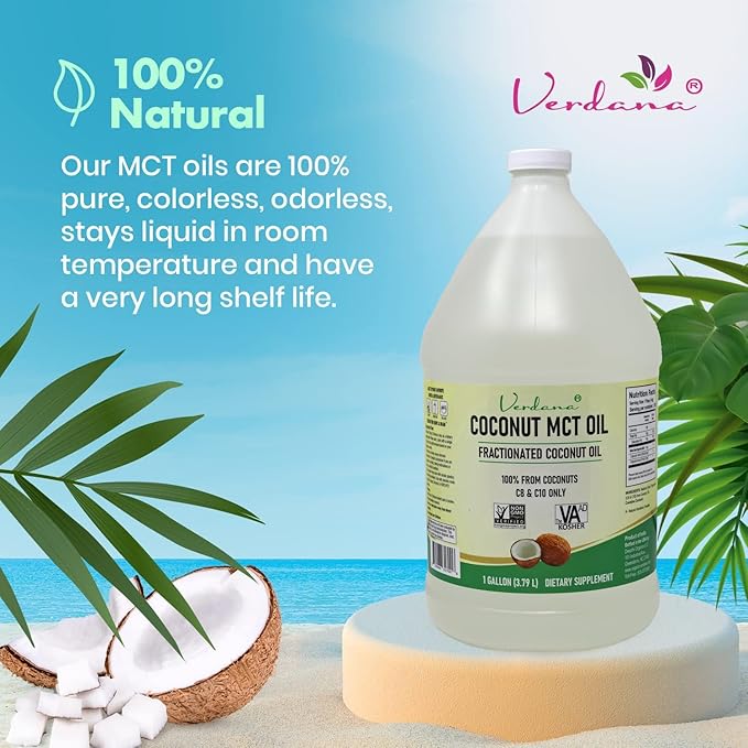 Verdana Coconut MCT Oil 1 Gallon – Food Grade for Keto Coffee, Unflavored Natural Oil Pulling Mouthwash, Massage, Aromatherapy – 100% from Coconut - Medium Chain Triglycerides – Non-GMO, Kosher