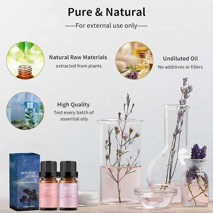 BURIBURI Lotus Essential Oil and Peony Essential Oils Gifts Set 2Pack, 100% Pure Natrual Flower Diffuser Oil for Massage, Soap Making, Skin Care, Soap/Candles Making BURIBURI